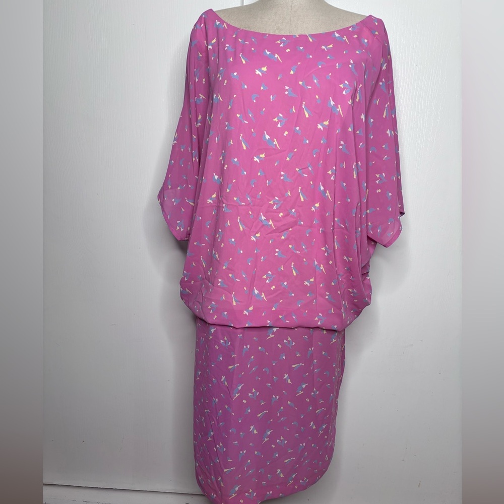 Vintage JT Dress Pink Abstract Print Blouson Dress 80s 90s Midi